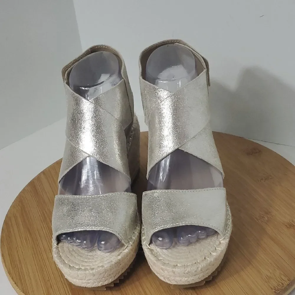 Eileen Fisher Willow Metallic Gold Platform Wedge Espadrille Sandals Women's 7
